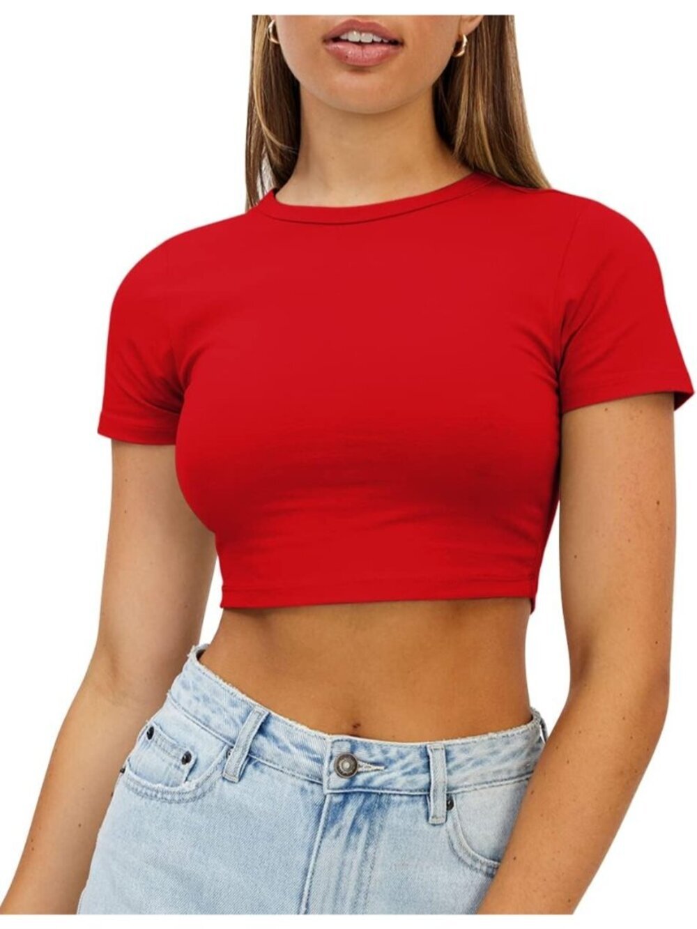 Women's Red Summer Crew Neck Basic Tees Slim Fit Trendy Short Sleeve Crop Tops